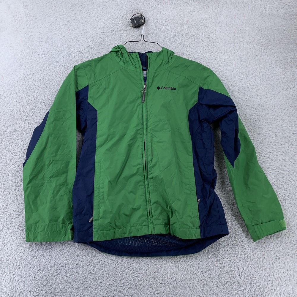 Columbia Jacket Youth Medium 10/12 Green Blue Hooded Full Zip Windbreaker Mesh